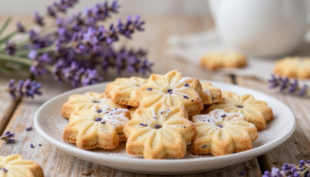 A beautifully arranged plate of lavender shortbread cookies, fresh out of the oven, sits in the foreground, glistening with a light dusting of powdered sugar. The cookies are delicately shaped with floral patterns, showcasing their buttery texture and hints of lavender buds embedded within. The middle ground features soft, pastel lavender flowers and sprigs, enhancing the ambiance of freshness and flavor. In the background, a rustic wooden table complements the scene, bathed in warm, natural lighting that creates a cozy and inviting atmosphere. A gentle, soft focus on the background adds depth, while the warm hues evoke a sense of comfort and homemade goodness, perfect for illustrating secret tips for baking the best lavender shortbread cookies. A beautifully arranged plate of lavender shortbread cookies, fresh out of the oven, sits in the foreground, glistening with a light dusting of powdered sugar. The cookies are delicately shaped with floral patterns, showcasing their buttery texture and hints of lavender buds embedded within. The middle ground features soft, pastel lavender flowers and sprigs, enhancing the ambiance of freshness and flavor. In the background, a rustic wooden table complements the scene, bathed in warm, natural lighting that creates a cozy and inviting atmosphere. A gentle, soft focus on the background adds depth, while the warm hues evoke a sense of comfort and homemade goodness, perfect for illustrating secret tips for baking the best lavender shortbread cookies.