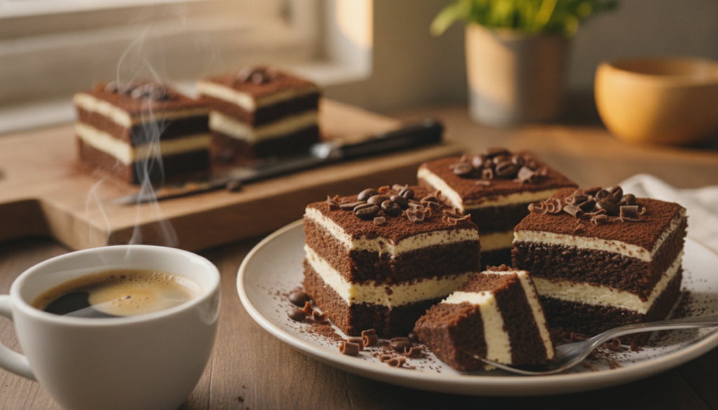 A beautifully arranged plate of tiramisu brownies, showcasing their rich layers of chocolate and mascarpone cream. In the foreground, the brownies are cut into generous squares, dusted with cocoa powder, and garnished with delicate coffee beans and a sprinkle of chocolate shavings. The middle ground features a steaming cup of espresso, inviting warmth and complementing the dessert. The background includes soft-focus kitchen elements like a wooden cutting board and a cozy kitchen setting with warm, ambient lighting that creates an inviting atmosphere. The image captures the luscious texture and rich flavors of the desserts, emphasizing a mouthwatering and indulgent experience. Use a shallow depth of field to highlight the brownies while softly blurring the background, creating a warm, inviting mood that suggests comfort and delight.