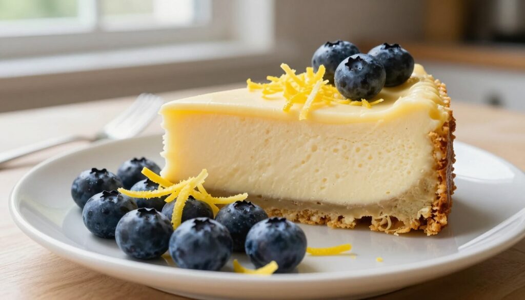 A beautifully arranged plate showcasing vibrant blueberries and fresh lemon zest, enhancing the flavors of a lemon blueberry cheesecake cake. In the foreground, a handful of glistening blueberries rests next to delicate shavings of bright yellow lemon zest, their textures contrasting against a smooth, creamy slice of cheesecake. The middle ground features the cake, meticulously crafted with layers of moist lemon-infused cake and rich cheesecake filling, garnished with a sprinkle of lemon zest and a few whole blueberries on top. In the background, soft, natural lighting filters through a kitchen window, casting gentle shadows and creating a warm, inviting atmosphere. The angle is slightly above the table level, providing an intimate view of this delightful culinary creation, evoking a sense of freshness and indulgence. A beautifully arranged plate showcasing vibrant blueberries and fresh lemon zest, enhancing the flavors of a lemon blueberry cheesecake cake. In the foreground, a handful of glistening blueberries rests next to delicate shavings of bright yellow lemon zest, their textures contrasting against a smooth, creamy slice of cheesecake. The middle ground features the cake, meticulously crafted with layers of moist lemon-infused cake and rich cheesecake filling, garnished with a sprinkle of lemon zest and a few whole blueberries on top. In the background, soft, natural lighting filters through a kitchen window, casting gentle shadows and creating a warm, inviting atmosphere. The angle is slightly above the table level, providing an intimate view of this delightful culinary creation, evoking a sense of freshness and indulgence.