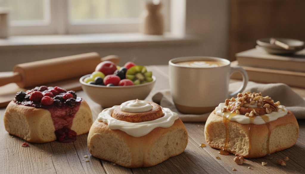 A beautifully arranged scene showcasing various vegan cinnamon roll variations on a rustic wooden table. In the foreground, display a classic vegan cinnamon roll drizzled with creamy vegan frosting, alongside variations like a berry-filled roll and one topped with chopped nuts and maple syrup. In the middle, include additional serving ideas, such as a small bowl of fresh fruits and a latte in a cozy cup. The background features a warm kitchen setting with soft, diffused natural light coming through a window, highlighting the textures of the rolls and the inviting atmosphere. Capture a homely vibe, emphasizing the deliciousness and creativity of vegan baking. Use a warm color palette to convey comfort and indulgence. A beautifully arranged scene showcasing various vegan cinnamon roll variations on a rustic wooden table. In the foreground, display a classic vegan cinnamon roll drizzled with creamy vegan frosting, alongside variations like a berry-filled roll and one topped with chopped nuts and maple syrup. In the middle, include additional serving ideas, such as a small bowl of fresh fruits and a latte in a cozy cup. The background features a warm kitchen setting with soft, diffused natural light coming through a window, highlighting the textures of the rolls and the inviting atmosphere. Capture a homely vibe, emphasizing the deliciousness and creativity of vegan baking. Use a warm color palette to convey comfort and indulgence.
