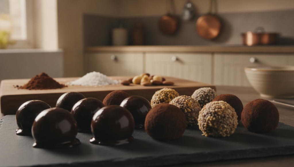 A beautifully arranged set of dark chocolate truffles occupies the foreground, showcasing a variety of textures—some are smooth and glossy, while others are rolled in cocoa powder and crushed nuts. Each truffle is uniformly round and carefully crafted, highlighting the rich, deep brown color of premium dark chocolate. The middle layer features a wooden cutting board with a few ingredients like cocoa powder, coconut flakes, and chopped nuts artistically scattered around, hinting at the truffle-making process. The background is softly blurred to reveal a warm kitchen environment, with a hint of soft, golden light filtering through a nearby window, creating a cozy and inviting atmosphere. The mood is indulgent and sophisticated, perfect for showcasing the rich flavors of dark chocolate truffles.