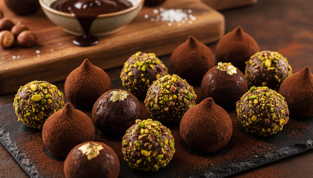 A beautifully arranged set of dark chocolate truffles, showcasing their rich textures and glossy finishes. In the foreground, a variety of truffles, some dusted with cocoa powder, others rolled in finely chopped nuts, and a few adorned with delicate gold leaf. Each truffle is uniquely shaped, emphasizing artisanal craftsmanship. In the middle background, a softly blurred wooden cutting board with a small bowl of melting chocolate and a sprinkling of sea salt. The lighting is warm and inviting, casting gentle highlights on the truffles while creating soft shadows beneath them. The overall atmosphere is luxurious and indulgent, evoking a sense of richness and sophistication, perfect for a culinary exploration of dark chocolate delights.