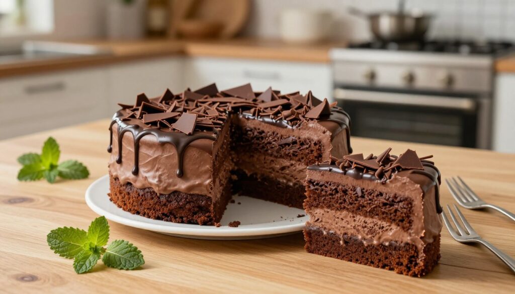 A beautifully assembled easy chocolate ice cream cake, showcasing layers of rich chocolate cake interspersed with creamy, velvety chocolate ice cream. In the foreground, a slice has been cut from the cake, revealing its luscious layers, with a richly decorated top featuring chocolate shavings and a drizzle of chocolate syrup. The middle ground presents an elegant wooden table adorned with a few sprigs of mint and a small set of dessert forks beside the cake. In the background, a soft-focused kitchen ambiance hints at warm, inviting lighting, emphasizing a cozy home baking atmosphere, with a blurred out oven and mixing bowls. The scene is captured from an overhead angle, spotlighting the cake while creating a warm, delightful mood perfect for a dessert feature.