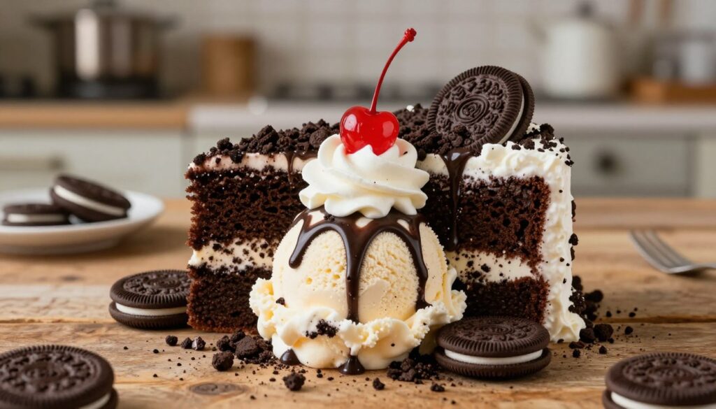 A beautifully crafted Oreo cake ice cream dessert sits elegantly on a rustic wooden table, adorned with a drizzle of chocolate sauce and a generous sprinkle of crushed Oreo cookies. The foreground features a rich scoop of cookies and cream ice cream, topped with whipped cream and a cherry, surrounded by a few whole Oreos for garnish. In the middle, a slice of moist chocolate cake peeks through, its layers visible and inviting. The background consists of a softly blurred kitchen setting with warm, inviting lighting that creates a cozy atmosphere. The image captures a sense of indulgence and delight, showcasing this delectable treat as a must-try dessert for any occasion, with a focus on texture and vibrant colors.