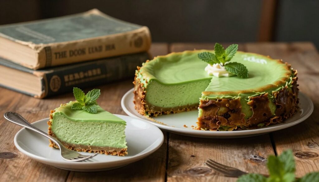 A beautifully crafted green cheesecake sits prominently on a rustic wooden table, showcasing its smooth, vibrant green surface adorned with delicate garnishes of mint leaves and subtle swirls of cream. In the foreground, a slice of the cheesecake rests on an elegant plate, with a fork poised for serving, highlighting its creamy texture. The middle ground features a lush backdrop of faded, vintage cookbooks hinting at the rich history of cheesecake variations, while soft, warm lighting illuminates the scene, casting gentle shadows. The atmosphere is inviting and serene, evoking a sense of culinary nostalgia. A shallow depth of field focuses on the cheesecake, while the background gradually fades, enhancing the delectable allure of this dessert masterpiece.