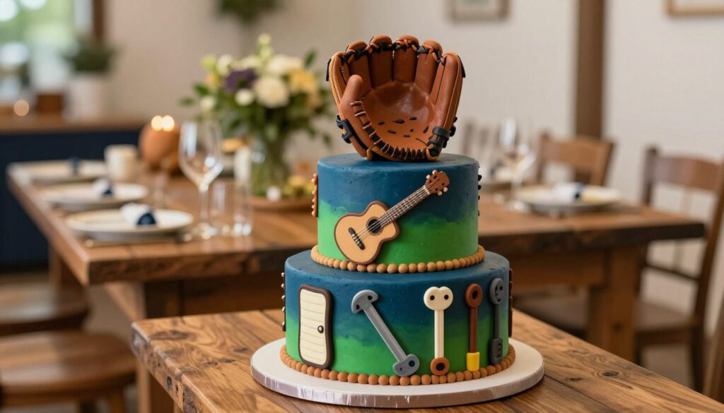A beautifully designed birthday cake for men, prominently featuring layers themed around personal interests like sports, music, and hobbies. In the foreground, a three-tiered cake showcases intricate details: a baseball glove on one tier, guitar motifs on another, and tools on the third layer. Vibrant colors like deep blues, rich greens, and warm browns give the cake a masculine yet artistic touch. In the middle ground, a rustic wooden table setting adorned with small, themed decorations complements the cake. The background is softly blurred, featuring a warmly lit party atmosphere with gentle bokeh lights. The mood is celebratory and inviting, ideal for a birthday gathering. The scene is captured with natural lighting to enhance the cake's textures and richness. A beautifully designed birthday cake for men, prominently featuring layers themed around personal interests like sports, music, and hobbies. In the foreground, a three-tiered cake showcases intricate details: a baseball glove on one tier, guitar motifs on another, and tools on the third layer. Vibrant colors like deep blues, rich greens, and warm browns give the cake a masculine yet artistic touch. In the middle ground, a rustic wooden table setting adorned with small, themed decorations complements the cake. The background is softly blurred, featuring a warmly lit party atmosphere with gentle bokeh lights. The mood is celebratory and inviting, ideal for a birthday gathering. The scene is captured with natural lighting to enhance the cake's textures and richness.