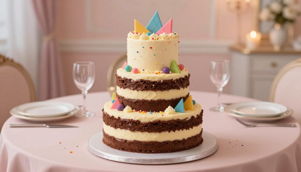 A beautifully designed grown-up cake standing elegantly on a decorative table, featuring rich chocolate and vanilla layers with smooth, sophisticated buttercream frosting. The cake is adorned with playful elements, such as colorful geometric shapes and edible confetti, balancing maturity with fun. The foreground showcases a stunning three-tier cake with a glossy finish. In the middle, a soft, pastel-colored table setting includes elegant plates and glasses, creating a festive yet refined atmosphere. The background is a softly lit room with warm, ambient lighting, enhancing the cake's allure. This setting conveys a celebratory mood, perfect for a sophisticated birthday event. Capture the scene with a shallow depth of field, focusing on the cake while beautifully blurring the background for a dreamy effect. A beautifully designed grown-up cake standing elegantly on a decorative table, featuring rich chocolate and vanilla layers with smooth, sophisticated buttercream frosting. The cake is adorned with playful elements, such as colorful geometric shapes and edible confetti, balancing maturity with fun. The foreground showcases a stunning three-tier cake with a glossy finish. In the middle, a soft, pastel-colored table setting includes elegant plates and glasses, creating a festive yet refined atmosphere. The background is a softly lit room with warm, ambient lighting, enhancing the cake's allure. This setting conveys a celebratory mood, perfect for a sophisticated birthday event. Capture the scene with a shallow depth of field, focusing on the cake while beautifully blurring the background for a dreamy effect.