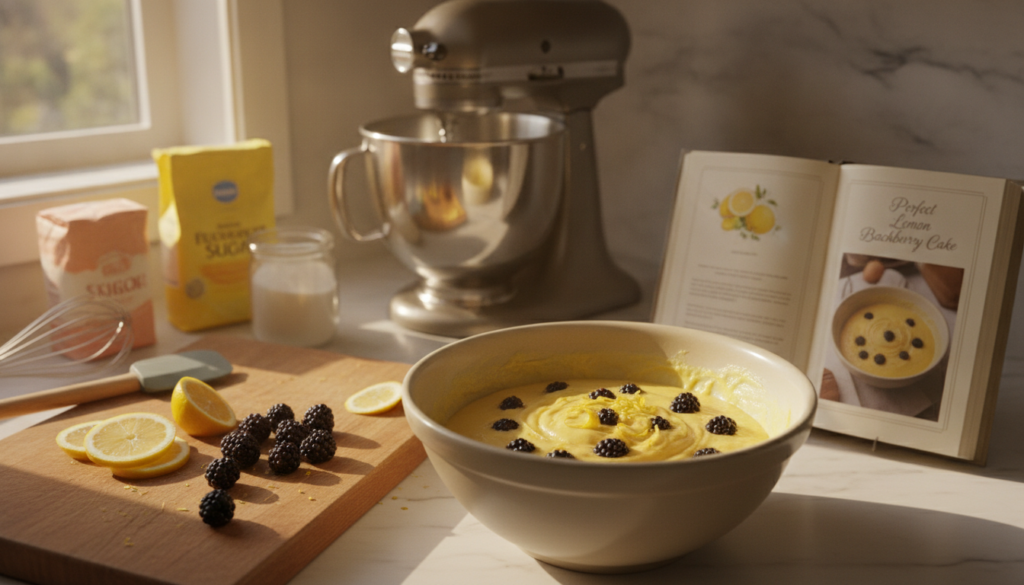A beautifully laid-out kitchen scene focusing on the process of making the perfect lemon blackberry cake. In the foreground, a mixing bowl filled with bright yellow cake batter adorned with fresh blackberries and lemon zest. Beside it, a wooden cutting board displays sliced lemons and a handful of plump, ripe blackberries. In the middle ground, a stand mixer gleams under soft, warm lighting that highlights the textures and colors. The background features a well-organized countertop with baking tools, flour, sugar, and a recipe book opened to a page titled “Perfect Lemon Blackberry Cake.” The atmosphere is inviting and cheerful, with natural sunlight streaming in, casting gentle shadows that enhance the cozy ambiance of the kitchen, creating a sense of homely warmth and creativity.