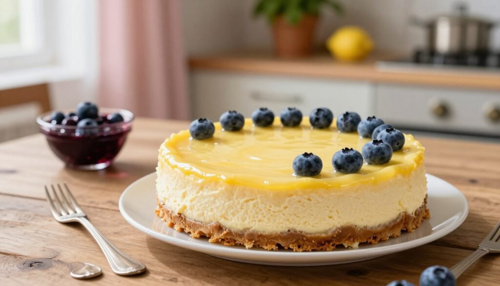 A beautifully plated lemon blueberry cheesecake cake sits elegantly in the foreground, showcasing its three luscious layers, with a rich, creamy yellow lemon filling and scattered fresh blueberries on top. Soft, diffused natural light highlights the glossy surface of the cheesecake, casting gentle shadows that enhance its texture. In the middle ground, a rustic wooden table is adorned with a set of delicate dessert forks and a small glass dish filled with blueberry compote, inviting the viewer to indulge. The background features a warm, inviting kitchen scene with soft hues, including pastel-colored curtains and potted herbs, creating a cozy, homey atmosphere. The focus is on the cake, emphasizing its delectable presentation and serving options, aiming to evoke a sense of comfort and anticipation for enjoying freshly made desserts. A beautifully plated lemon blueberry cheesecake cake sits elegantly in the foreground, showcasing its three luscious layers, with a rich, creamy yellow lemon filling and scattered fresh blueberries on top. Soft, diffused natural light highlights the glossy surface of the cheesecake, casting gentle shadows that enhance its texture. In the middle ground, a rustic wooden table is adorned with a set of delicate dessert forks and a small glass dish filled with blueberry compote, inviting the viewer to indulge. The background features a warm, inviting kitchen scene with soft hues, including pastel-colored curtains and potted herbs, creating a cozy, homey atmosphere. The focus is on the cake, emphasizing its delectable presentation and serving options, aiming to evoke a sense of comfort and anticipation for enjoying freshly made desserts.