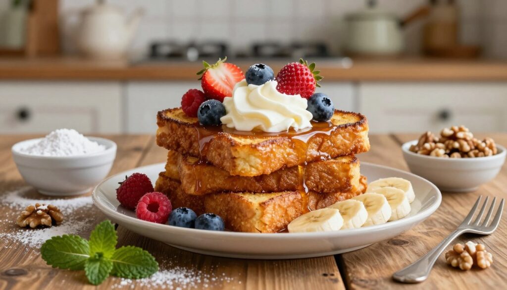 A beautifully plated serving of French brioche French toast stacked high, glistening golden-brown with a slightly crispy exterior. The toast is generously topped with a dollop of whipped cream, fresh berries including strawberries, blueberries, and raspberries, and a drizzle of maple syrup cascading down the sides. Surrounding the dish are small bowls filled with powdered sugar, sliced bananas, and walnuts for added texture. The foreground features a rustic wooden table setting with scattered mint leaves for a pop of color. In the softly blurred background, a cozy kitchen atmosphere is hinted at with warm ambient lighting and vintage kitchenware. The scene conveys a delightful, inviting mood, perfect for a leisurely breakfast.