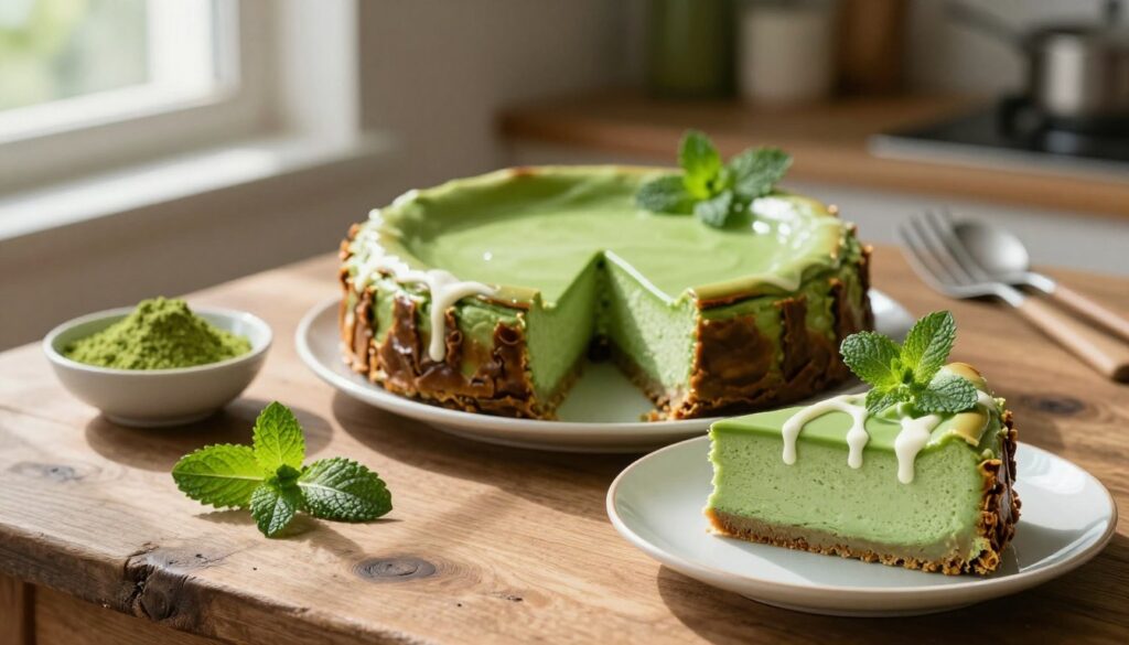 A beautifully presented green cheesecake sits prominently on a rustic wooden table, showcasing its velvety, smooth surface with a rich green hue, garnished with fresh mint leaves and drizzles of white chocolate sauce. In the foreground, a slice of the cheesecake is artistically placed on a delicate porcelain plate, revealing its creamy texture. The middle ground features a small bowl of vibrant green ingredients like matcha powder, emphasizing the recipe's key components. In the background, a softly blurred kitchen setting reveals baking utensils and fresh ingredients, creating a warm and inviting atmosphere. Soft, natural lighting filters in from a nearby window, casting gentle shadows and enhancing the cheesecake's glossy finish. The angle captures both the dessert and the story of its creation, evoking a mood of culinary delight and experimentation.