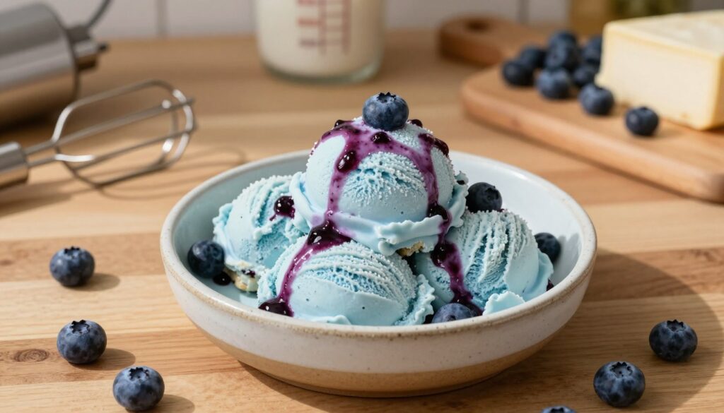 A beautifully presented scoop of blueberry cheesecake ice cream in a rustic ceramic dish, placed on a wooden kitchen table. The ice cream is creamy light blue, adorned with swirls of rich blueberry sauce and sprinkled with fresh blueberries, creating an inviting and refreshing appearance. In the background, a softly blurred kitchen setting includes essential tools such as a handheld mixer, a measuring cup, and a cutting board with fresh blueberries and cream cheese, symbolizing the ingredient gathering process. The lighting is warm and natural, casting gentle shadows that enhance the inviting atmosphere. The camera angle is slightly above, offering a top-down perspective that highlights the textures and colors of the ice cream and ingredients, creating a cozy, homely feeling. A beautifully presented scoop of blueberry cheesecake ice cream in a rustic ceramic dish, placed on a wooden kitchen table. The ice cream is creamy light blue, adorned with swirls of rich blueberry sauce and sprinkled with fresh blueberries, creating an inviting and refreshing appearance. In the background, a softly blurred kitchen setting includes essential tools such as a handheld mixer, a measuring cup, and a cutting board with fresh blueberries and cream cheese, symbolizing the ingredient gathering process. The lighting is warm and natural, casting gentle shadows that enhance the inviting atmosphere. The camera angle is slightly above, offering a top-down perspective that highlights the textures and colors of the ice cream and ingredients, creating a cozy, homely feeling.