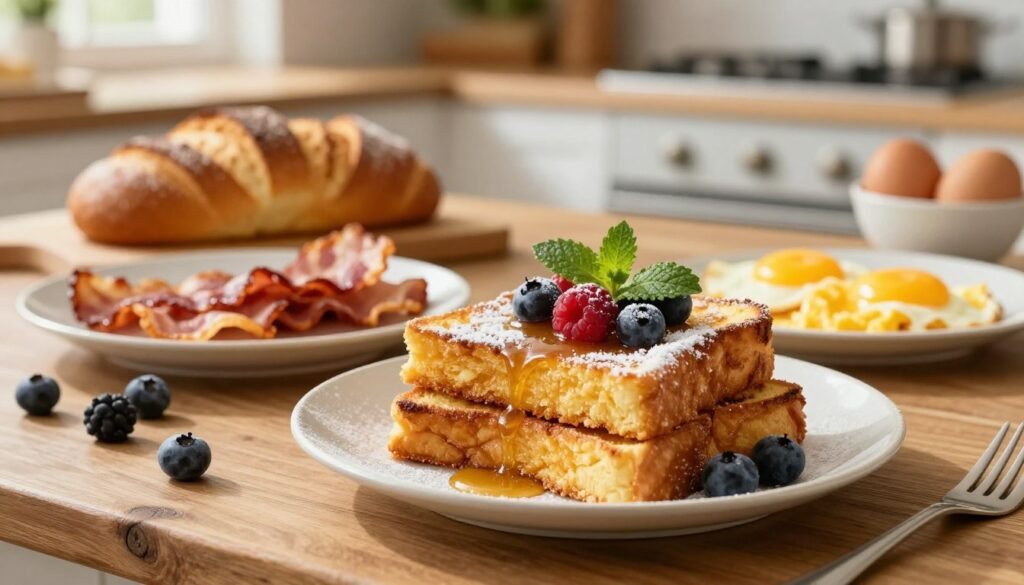 A beautifully styled brunch setting featuring golden-brown brioche French toast stacked on a rustic wooden table. The foreground showcases the fluffy, thick slices of French toast dusted with powdered sugar and topped with fresh berries, mint leaves, and a drizzle of maple syrup. In the middle, elegant plates with a side of crispy bacon and lightly cooked scrambled eggs create a delightful juxtaposition. The background features a softly blurred sunlit kitchen with warm, natural lighting accentuating the fresh ingredients, like a loaf of brioche and a bowl of eggs. The mood is inviting and cheerful, perfect for a leisurely brunch. The angle captures both the inviting atmosphere and the delicious food, emphasizing the textures and colors of the dish.