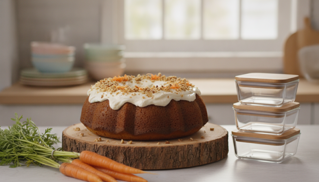 A beautifully styled kitchen countertop featuring a moist carrot bundt cake, elegantly displayed on a rustic wooden cake stand. The cake is generously topped with cream cheese frosting and garnished with finely chopped walnuts and fresh carrot shavings. In the foreground, there are several vibrant orange carrots with green tops, giving a farm-to-table feel. To the side, clear airtight containers are stacked neatly, suggesting organized storage for leftovers. The background includes soft-focus kitchen elements like pastel-colored dishware and a bright window with soft, natural light streaming in, creating a warm and inviting atmosphere. The image should evoke a sense of homeliness and culinary expertise, captured from a slightly elevated angle for a comprehensive view.
