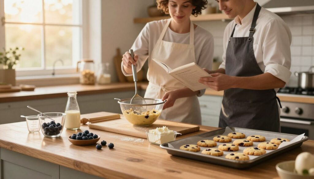 A beautifully styled kitchen scene showcasing tips and tricks for baking cookies. In the foreground, an elegant wooden countertop displays an array of baking essentials: measuring cups, a sifter, fresh blueberries, cream cheese, and a tray of unbaked blueberry cheesecake cookies ready to go into the oven. The middle layer captures a pair of professional bakers, one demonstrating a proper mixing technique while the other consults a recipe book, both in casual but neat kitchen attire. In the background, a sunlit window filters warm, golden light, illuminating the delicious ingredients and creating a cozy, inviting atmosphere. The overall mood is warm and inspiring, encouraging viewers to try baking cookies themselves. A beautifully styled kitchen scene showcasing tips and tricks for baking cookies. In the foreground, an elegant wooden countertop displays an array of baking essentials: measuring cups, a sifter, fresh blueberries, cream cheese, and a tray of unbaked blueberry cheesecake cookies ready to go into the oven. The middle layer captures a pair of professional bakers, one demonstrating a proper mixing technique while the other consults a recipe book, both in casual but neat kitchen attire. In the background, a sunlit window filters warm, golden light, illuminating the delicious ingredients and creating a cozy, inviting atmosphere. The overall mood is warm and inspiring, encouraging viewers to try baking cookies themselves.