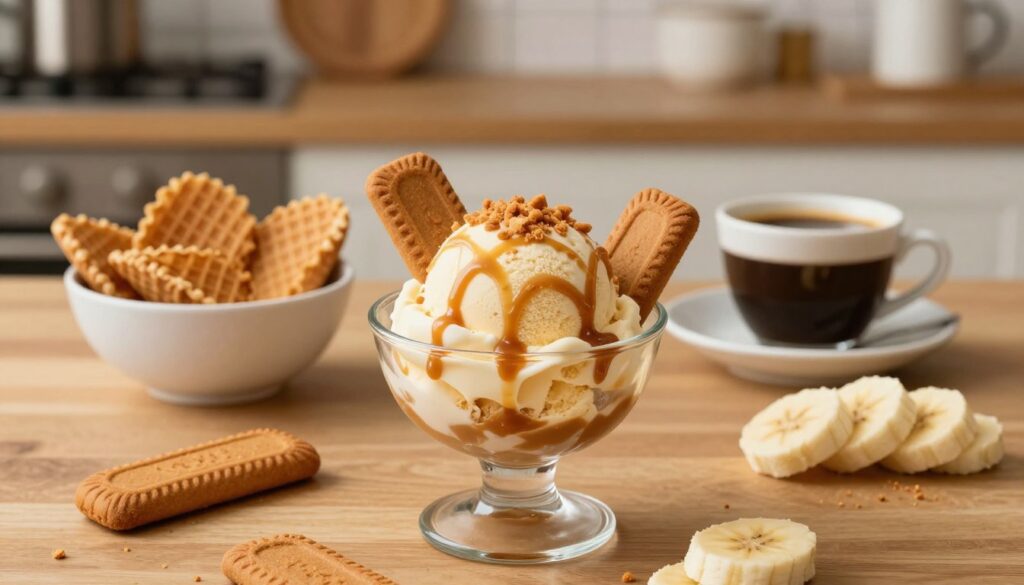 A beautifully styled tabletop scene showcasing various biscoff ice cream pairings. In the foreground, a decadent scoop of creamy biscoff ice cream sits in an elegant glass dish, drizzled with a rich caramel sauce and adorned with crushed biscoff cookies. Surrounding the main dish, there are delightful pairings: a bowl of crispy waffle cone pieces, a small cup of hot coffee, and slices of fresh banana. In the middle, a subtle backdrop features softly blurred kitchen elements, like a cozy wooden table and warm-toned kitchenware. The lighting is soft and inviting, creating a warm atmosphere reminiscent of a delightful dessert café. The overall mood is indulgent and appetizing, capturing the essence of a sweet culinary experience. A beautifully styled tabletop scene showcasing various biscoff ice cream pairings. In the foreground, a decadent scoop of creamy biscoff ice cream sits in an elegant glass dish, drizzled with a rich caramel sauce and adorned with crushed biscoff cookies. Surrounding the main dish, there are delightful pairings: a bowl of crispy waffle cone pieces, a small cup of hot coffee, and slices of fresh banana. In the middle, a subtle backdrop features softly blurred kitchen elements, like a cozy wooden table and warm-toned kitchenware. The lighting is soft and inviting, creating a warm atmosphere reminiscent of a delightful dessert café. The overall mood is indulgent and appetizing, capturing the essence of a sweet culinary experience.