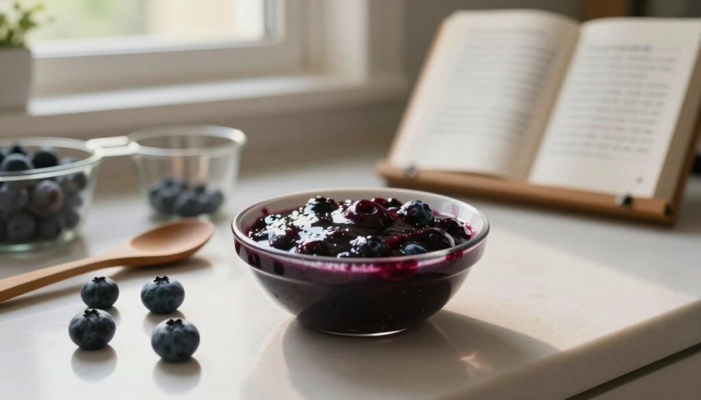 A close-up scene of a kitchen countertop, featuring a small bowl of rich, deep blue blueberry sauce with a shiny, glossy texture, spilled slightly over the edge. Surrounding the bowl are various fresh blueberries and a few kitchen tools like a wooden spoon and a measuring cup, suggesting a troubleshooting session. In the background, soft natural light filters through a window, illuminating the scene with a warm, inviting glow. A blurred view includes a recipe book propped open, with handwritten notes around common blueberry sauce issues, evoking a sense of homey culinary experimentation. The atmosphere is one of calm and focus, suitable for a cooking environment, emphasizing serenity and the joy of problem-solving in the kitchen. A close-up scene of a kitchen countertop, featuring a small bowl of rich, deep blue blueberry sauce with a shiny, glossy texture, spilled slightly over the edge. Surrounding the bowl are various fresh blueberries and a few kitchen tools like a wooden spoon and a measuring cup, suggesting a troubleshooting session. In the background, soft natural light filters through a window, illuminating the scene with a warm, inviting glow. A blurred view includes a recipe book propped open, with handwritten notes around common blueberry sauce issues, evoking a sense of homey culinary experimentation. The atmosphere is one of calm and focus, suitable for a cooking environment, emphasizing serenity and the joy of problem-solving in the kitchen.