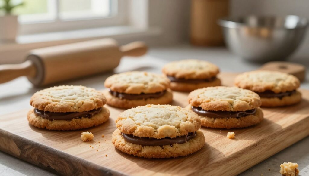A close-up shot of freshly baked homemade Milano cookies arranged artfully on a rustic wooden cutting board. The cookies should display their signature chocolate filling peeking between two light, crumbly cookies, with some crumbs scattered around for a casual, inviting feel. In the background, a cozy kitchen setting is visible, illuminated by soft, warm sunlight filtering through a nearby window, creating a natural glow. Soft focus on the kitchen tools, like a rolling pin and mixing bowl, enhances the baking mood. Capture the texture of the cookies, emphasizing their crispy edges and rich chocolate. The atmosphere should feel warm and inviting, evoking a sense of homemade comfort and culinary delight, perfect for inspiring a baking adventure. A close-up shot of freshly baked homemade Milano cookies arranged artfully on a rustic wooden cutting board. The cookies should display their signature chocolate filling peeking between two light, crumbly cookies, with some crumbs scattered around for a casual, inviting feel. In the background, a cozy kitchen setting is visible, illuminated by soft, warm sunlight filtering through a nearby window, creating a natural glow. Soft focus on the kitchen tools, like a rolling pin and mixing bowl, enhances the baking mood. Capture the texture of the cookies, emphasizing their crispy edges and rich chocolate. The atmosphere should feel warm and inviting, evoking a sense of homemade comfort and culinary delight, perfect for inspiring a baking adventure.