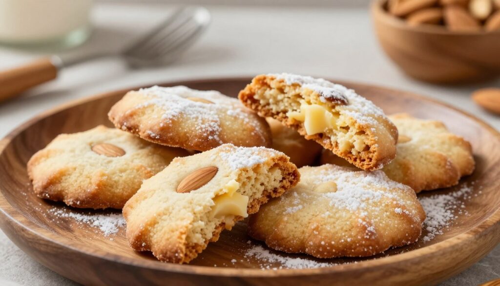 A close-up shot of perfectly baked almond shortbread cookies showcasing their delicate, crumbly texture. In the foreground, several cookies are artfully arranged on a rustic wooden plate, their golden edges slightly dusted with powdered sugar. The middle ground features a few broken cookies revealing a moist, buttery interior, emphasizing the ideal texture. Soft, natural light bathes the scene, highlighting the shine of the cookie surface and casting gentle shadows. In the background, a blurred kitchen countertop hints at cozy baking tools and an almond bowl, enhancing the homely atmosphere. The overall mood is inviting and warm, encouraging a sense of comfort and delicious indulgence. A close-up shot of perfectly baked almond shortbread cookies showcasing their delicate, crumbly texture. In the foreground, several cookies are artfully arranged on a rustic wooden plate, their golden edges slightly dusted with powdered sugar. The middle ground features a few broken cookies revealing a moist, buttery interior, emphasizing the ideal texture. Soft, natural light bathes the scene, highlighting the shine of the cookie surface and casting gentle shadows. In the background, a blurred kitchen countertop hints at cozy baking tools and an almond bowl, enhancing the homely atmosphere. The overall mood is inviting and warm, encouraging a sense of comfort and delicious indulgence.