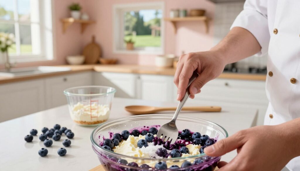 A close-up view of a chef in a modern kitchen preparing blueberry cheesecake filling. The foreground shows a mixing bowl filled with vibrant blue berries, cream cheese, and sugar, with a fork blending the ingredients together. In the middle, there are fresh blueberries scattered around, along with a measuring cup and a wooden spoon. The background features a sunlit kitchen with pastel-colored walls, shelves holding baking essentials, and a porthole window revealing a serene garden outside. Bright, natural lighting filters through, casting soft shadows that enhance the fresh and inviting atmosphere. The overall mood is warm and homey, reflecting the joy of baking. A close-up view of a chef in a modern kitchen preparing blueberry cheesecake filling. The foreground shows a mixing bowl filled with vibrant blue berries, cream cheese, and sugar, with a fork blending the ingredients together. In the middle, there are fresh blueberries scattered around, along with a measuring cup and a wooden spoon. The background features a sunlit kitchen with pastel-colored walls, shelves holding baking essentials, and a porthole window revealing a serene garden outside. Bright, natural lighting filters through, casting soft shadows that enhance the fresh and inviting atmosphere. The overall mood is warm and homey, reflecting the joy of baking.