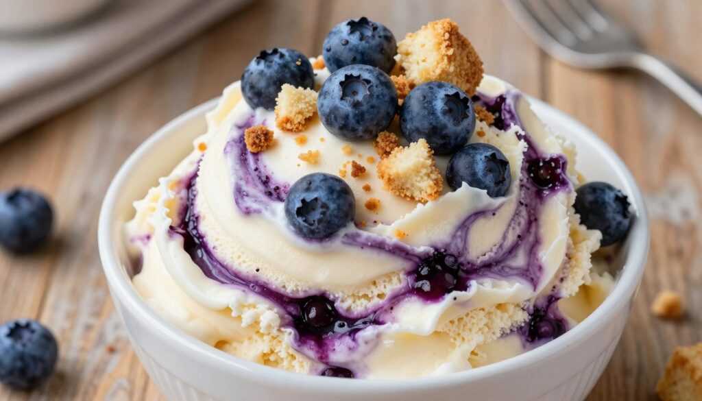 A close-up view of a delicious blueberry cheesecake ice cream bowl, beautifully swirled, with creamy textures and vibrant blueberry swirl patterns. The ice cream is topped with fresh blueberries and a sprinkle of crumbly cheesecake pieces, creating a delightful contrast. Soft, natural lighting highlights the rich colors and creamy details, enhancing the enticing visual appeal. In the background, a rustic wooden table sets a warm, inviting atmosphere, with hints of kitchen utensils subtly blurred to focus on the ice cream. Capture this scene from a slightly elevated angle to emphasize the layers of flavor and texture, evoking a sense of indulgence and homemade goodness. A close-up view of a delicious blueberry cheesecake ice cream bowl, beautifully swirled, with creamy textures and vibrant blueberry swirl patterns. The ice cream is topped with fresh blueberries and a sprinkle of crumbly cheesecake pieces, creating a delightful contrast. Soft, natural lighting highlights the rich colors and creamy details, enhancing the enticing visual appeal. In the background, a rustic wooden table sets a warm, inviting atmosphere, with hints of kitchen utensils subtly blurred to focus on the ice cream. Capture this scene from a slightly elevated angle to emphasize the layers of flavor and texture, evoking a sense of indulgence and homemade goodness.