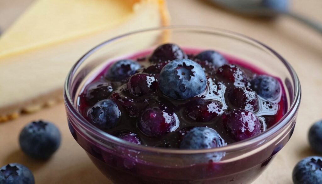 A close-up view of a rich, glossy blueberry sauce in a glass bowl, glistening with vibrant shades of deep purple and blue. Fresh blueberries are scattered around the bowl, some whole and some slightly crushed, emphasizing the sauce's texture. In the background, there's a softly blurred cheesecake topped with a light, creamy layer, hinting at the delicious pairing. The scene is illuminated by warm, soft lighting that highlights the sauce's sheen while casting gentle shadows. The angle is slightly elevated, creating a sense of inviting intimacy. This image should evoke a feeling of warmth and comfort, perfect for a culinary experience, emphasizing the fresh, home-made nature of the blueberry sauce. A close-up view of a rich, glossy blueberry sauce in a glass bowl, glistening with vibrant shades of deep purple and blue. Fresh blueberries are scattered around the bowl, some whole and some slightly crushed, emphasizing the sauce's texture. In the background, there's a softly blurred cheesecake topped with a light, creamy layer, hinting at the delicious pairing. The scene is illuminated by warm, soft lighting that highlights the sauce's sheen while casting gentle shadows. The angle is slightly elevated, creating a sense of inviting intimacy. This image should evoke a feeling of warmth and comfort, perfect for a culinary experience, emphasizing the fresh, home-made nature of the blueberry sauce.