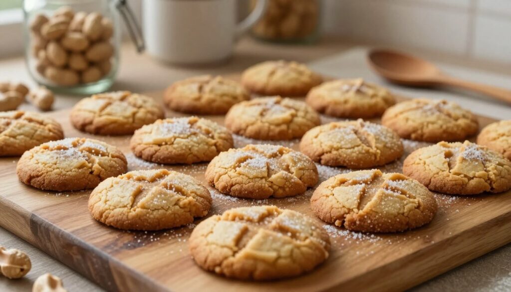 A close-up view of a warm batch of homemade peanut butter cookies arranged neatly on a rustic wooden table, showcasing their golden-brown color and slightly crinkled surface. The cookies should have a dusting of granulated sugar, with some cookies featuring a signature crisscross pattern created by a fork. In the background, softly blurred kitchen elements like a mason jar filled with peanuts, a measuring cup, and a wooden spoon can be seen, suggesting a cozy baking atmosphere. Soft, natural lighting filters in from the side, enhancing the warmth and inviting feel of the scene. The mood is homely and comforting, encouraging viewers to savor the joy of baking. A close-up view of a warm batch of homemade peanut butter cookies arranged neatly on a rustic wooden table, showcasing their golden-brown color and slightly crinkled surface. The cookies should have a dusting of granulated sugar, with some cookies featuring a signature crisscross pattern created by a fork. In the background, softly blurred kitchen elements like a mason jar filled with peanuts, a measuring cup, and a wooden spoon can be seen, suggesting a cozy baking atmosphere. Soft, natural lighting filters in from the side, enhancing the warmth and inviting feel of the scene. The mood is homely and comforting, encouraging viewers to savor the joy of baking.