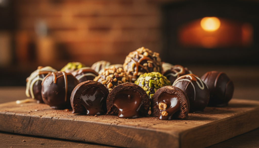 A close-up view of exquisite dark chocolate truffles arranged elegantly on a rustic wooden surface, each truffle glistening with a smooth ganache coating and a light dusting of cocoa powder. The foreground features a few truffles split open, revealing rich, velvety chocolate centers, inviting a tantalizing glimpse of their luscious fillings. In the middle ground, a softly lit, delicate arrangement of truffles showcases different textures, with some rolled in nuts and others adorned with artisan drizzle. The background displays blurred warm, inviting hues resembling a cozy kitchen, enhancing the indulgent atmosphere. Gentle, diffused natural light creates soft shadows, adding depth and warmth to the scene, evoking feelings of comfort and decadence, perfect for appreciating the origins and craftsmanship of dark chocolate truffles.