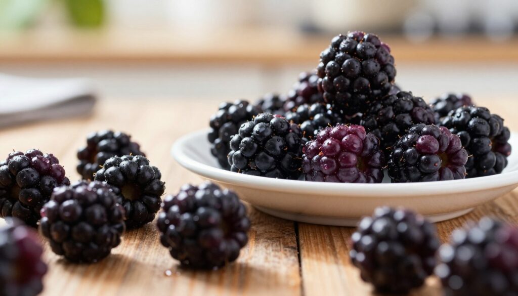 A close-up view of fresh, plump blackberries, glistening with morning dew, showcasing their deep purple-black color and intricate textures. The foreground features a small pile of blackberries, some scattered atop a rustic wooden table, with soft, natural lighting illuminating their surface and highlighting the tiny droplets of water. In the middle, we see a few blackberries resting on a delicate white porcelain plate, accentuating the organic beauty of the fruit. The background is softly blurred, hinting at a sunlit kitchen environment with warm, inviting tones, evoking a cozy, morning atmosphere, perfect for baking. The overall mood is fresh, vibrant, and inspirational, suggesting a connection to homemade goodness.