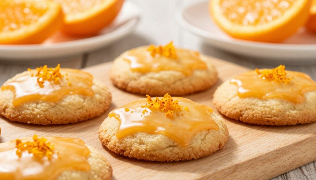 A close-up view of freshly baked homemade orange cookies arranged neatly on a light wooden surface. The cookies have a soft, fluffy texture and are glazed with a shiny orange icing that glistens in the soft, warm sunlight. Vibrant orange zest is sprinkled generously over them, adding a touch of color and texture. In the background, a few cut orange slices with droplets of juice resting on a white plate create a refreshing atmosphere. The scene is illuminated with soft, natural light, enhancing the warm and inviting feel of the image. A slightly blurred background focuses on the cookies, creating an intimate, cozy mood that evokes the joy of baking.