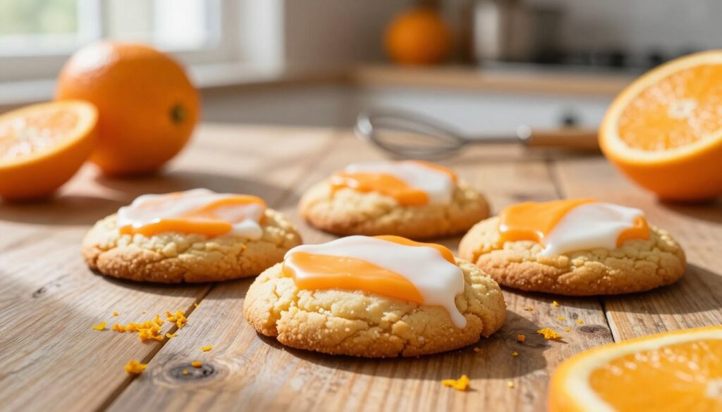 A close-up view of freshly baked orange creamsicle cookies, golden-brown and soft, with a vibrant orange and white icing drizzled over the top. The cookies are arranged on a rustic wooden table, surrounded by scattered orange zest and a few whole oranges for a pop of color. Soft, natural light filters in from a nearby window, casting gentle shadows that enhance the textures of the cookies. In the background, a blurred kitchen setting suggests a cozy baking environment, with hints of mixing bowls and baking utensils. The atmosphere is warm and inviting, evoking a sense of comfort and joy, perfect for a delightful treat that brightens your day.