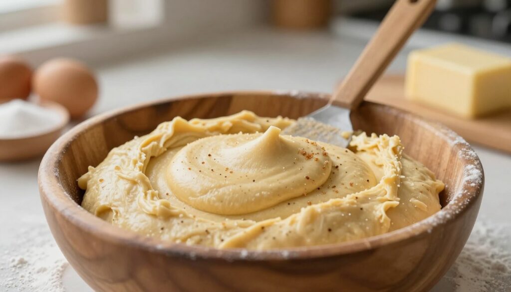 A close-up view of rich, creamy butter cookie dough, featuring a smooth and thick texture, with small flecks of brown sugar and vanilla specks dotting the dough. In the foreground, a wooden mixing bowl filled with the dough, a light dusting of flour surrounding it. In the middle, a spatula rests against the bowl, while scattered ingredients like sugar, eggs, and a stick of butter can be seen. In the background, a softly lit kitchen counter with warm, natural lighting creates a cozy atmosphere, enhancing the inviting feel of baking at home. The composition should evoke a sense of warmth and nostalgia, ideal for illustrating the essence of homemade treats, with a slight depth of field to focus on the dough while softly blurring the background.