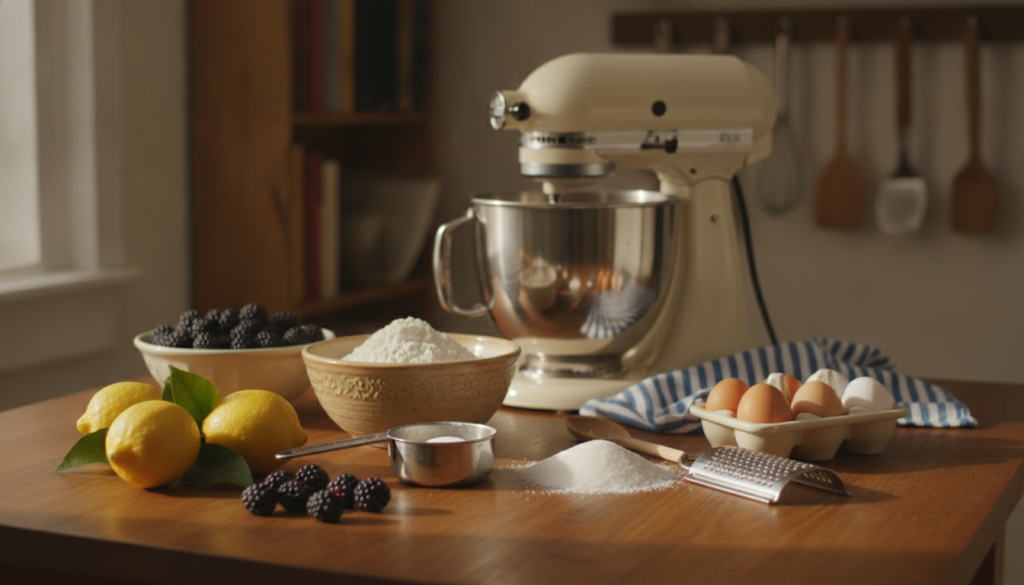 A cozy kitchen scene focused on a wooden table where essential ingredients for baking a lemon blackberry cake are artfully arranged. In the foreground, vibrant lemons, fresh blackberries, flour in a rustic bowl, sugar, and eggs are neatly displayed. A measuring cup and wooden spoon rest beside a zester. In the middle ground, a vintage stand mixer and a striped kitchen towel add charm. The background features softly blurred kitchen shelves with cookbooks and utensils for a homely touch. The lighting is warm, suggesting late afternoon sunlight filtering through a window, casting gentle shadows to create an inviting atmosphere. The overall mood is cheerful and encouraging, perfect for inspiring bakers.