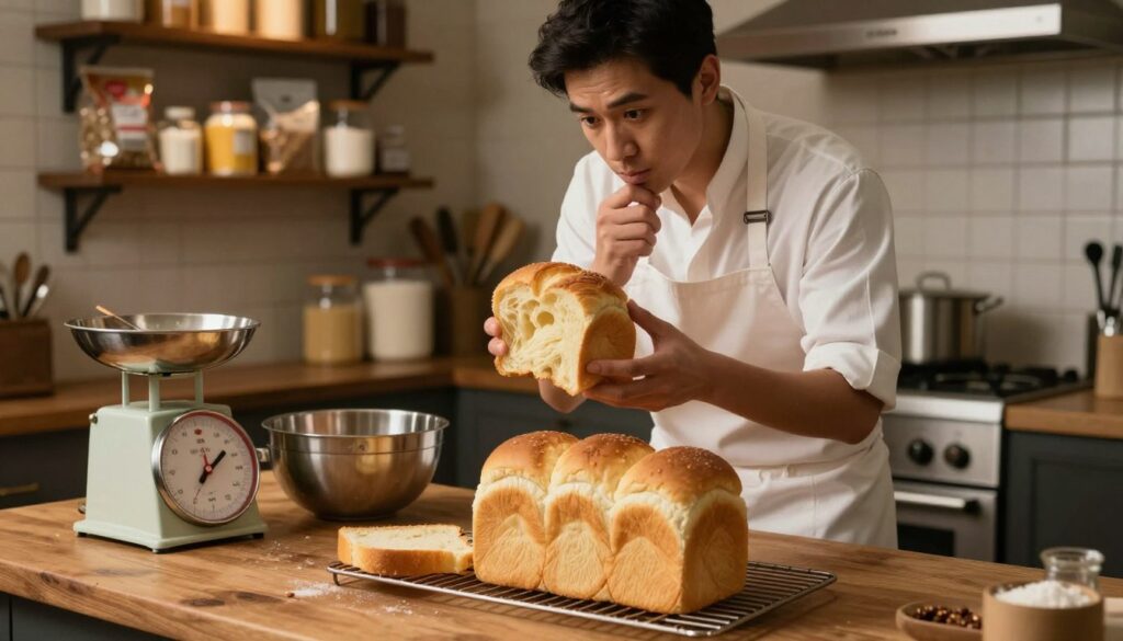 A cozy kitchen scene focused on troubleshooting Japanese Milk Bread issues. In the foreground, a well-worn wooden table holds various baking tools: a measuring scale, mixing bowls, and a perfectly shaped loaf of soft, fluffy milk bread, sliced to show its airy interior. In the middle ground, a professional baker in a white apron and modest clothing inspects a loaf that has collapsed, deep in thought, with expressions of concentration and curiosity. In the background, warm ambient lighting casts a soft glow over shelves filled with baking ingredients, like flour, sugar, and yeast, creating an inviting atmosphere. The angle is slightly elevated, giving a clear view of the bread and baker at work, emphasizing a hands-on approach to understanding the baking process.