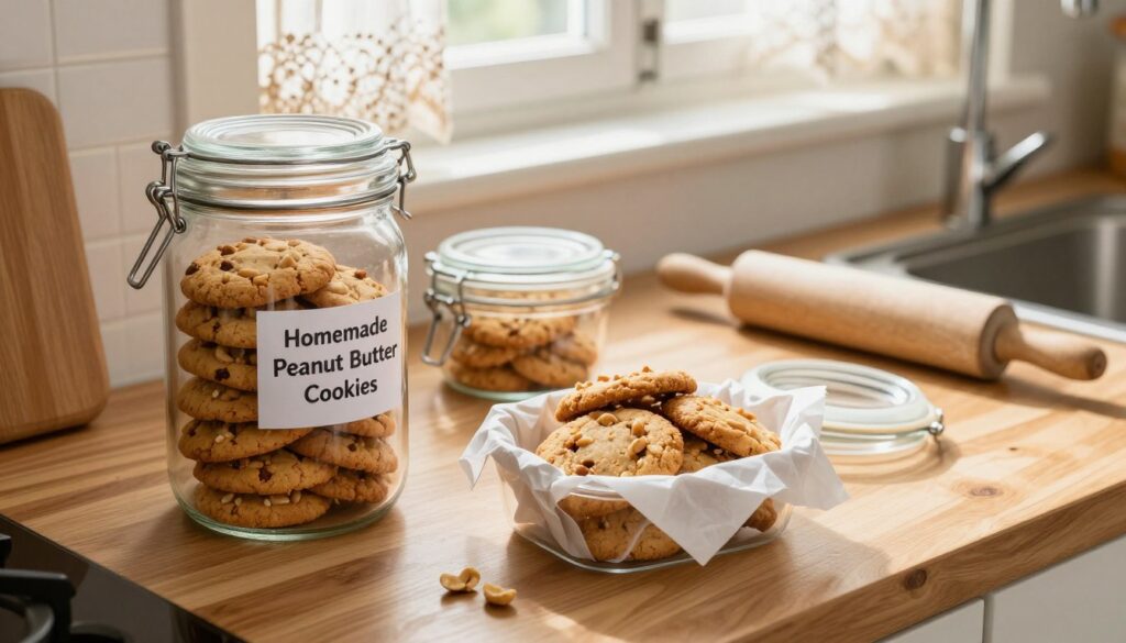 A cozy kitchen scene showcasing various effective storage tips for peanut butter cookies. In the foreground, a clear glass cookie jar filled with neatly stacked, golden-brown peanut butter cookies, with a label reading "Homemade Peanut Butter Cookies." Beside it, a small airtight container showcasing cookies in a slightly crumpled wax paper. In the middle, a wooden countertop scattered with baking essentials, like a rolling pin and measuring cups. In the background, soft natural light pours through a window adorned with lace curtains, illuminating a charming kitchen environment. The overall mood is warm and inviting, conveying the comfort of home baking and the importance of preserving freshness in cookie storage. Shot with a slight overhead angle to capture all elements harmoniously. A cozy kitchen scene showcasing various effective storage tips for peanut butter cookies. In the foreground, a clear glass cookie jar filled with neatly stacked, golden-brown peanut butter cookies, with a label reading "Homemade Peanut Butter Cookies." Beside it, a small airtight container showcasing cookies in a slightly crumpled wax paper. In the middle, a wooden countertop scattered with baking essentials, like a rolling pin and measuring cups. In the background, soft natural light pours through a window adorned with lace curtains, illuminating a charming kitchen environment. The overall mood is warm and inviting, conveying the comfort of home baking and the importance of preserving freshness in cookie storage. Shot with a slight overhead angle to capture all elements harmoniously.