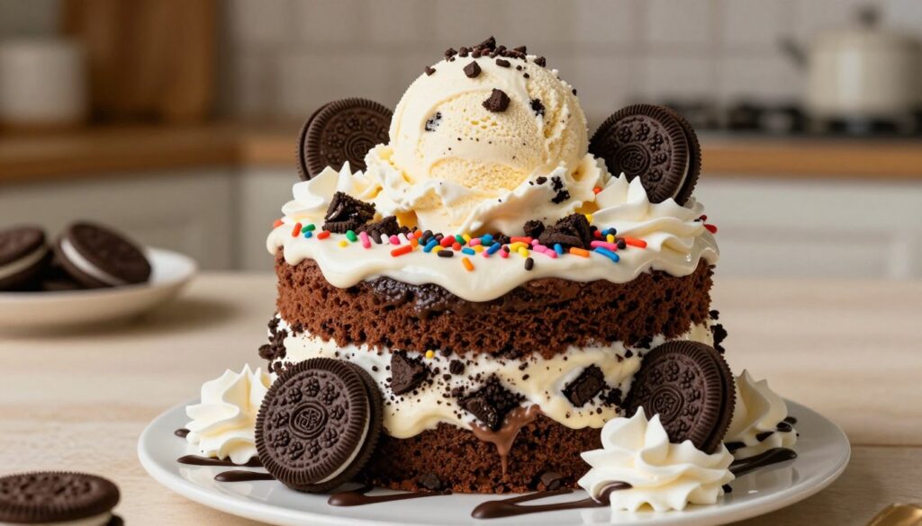 A delectable Oreo cake ice cream dessert takes center stage, showcasing layers of rich chocolate cake infused with crushed Oreo cookies, topped with a creamy, swirled vanilla ice cream that has visible chunks of Oreo. In the foreground, drizzles of dark chocolate and whipped cream form an indulgent finish, garnished with whole Oreo cookies and chocolate shavings. The middle features a colorful array of sprinkles adding a pop of brightness. The background is softly blurred, with a cozy kitchen atmosphere illuminated by warm, inviting light, casting gentle shadows. The perspective is slightly angled to emphasize the height and texture of the dessert, evoking a joyful and enticing mood that celebrates the fusion of Oreo and ice cream.