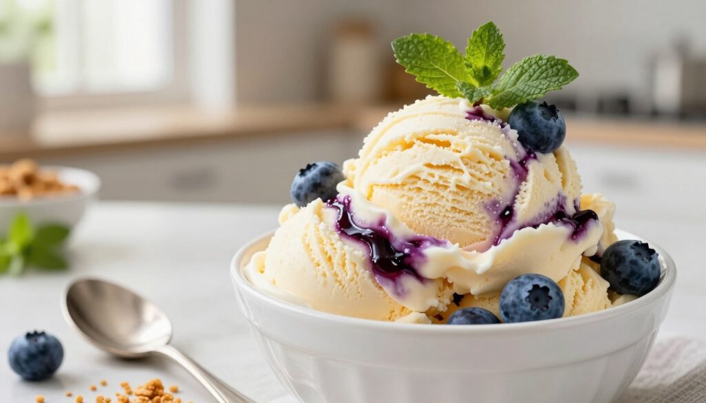 A delectable blueberry cheesecake ice cream, artistically scooped into a pristine white bowl, sits prominently in the foreground. The ice cream features swirls of creamy cheesecake texture interspersed with vibrant blue blueberry compote, and is garnished with fresh blueberries and a sprig of mint on top. In the middle ground, there are subtle ingredients like crushed graham cracker crumbs and a silver spoon resting beside the bowl. In the background, a softly blurred kitchen setting evokes a warm and inviting atmosphere, with light streaming in through a window, creating a cozy, fresh vibe. Use soft, natural lighting to enhance the luscious details of the ice cream's texture, ensuring a sense of indulgence and homemade charm. Shoot from a slightly elevated angle for a dynamic view that invites the viewer in. A delectable blueberry cheesecake ice cream, artistically scooped into a pristine white bowl, sits prominently in the foreground. The ice cream features swirls of creamy cheesecake texture interspersed with vibrant blue blueberry compote, and is garnished with fresh blueberries and a sprig of mint on top. In the middle ground, there are subtle ingredients like crushed graham cracker crumbs and a silver spoon resting beside the bowl. In the background, a softly blurred kitchen setting evokes a warm and inviting atmosphere, with light streaming in through a window, creating a cozy, fresh vibe. Use soft, natural lighting to enhance the luscious details of the ice cream's texture, ensuring a sense of indulgence and homemade charm. Shoot from a slightly elevated angle for a dynamic view that invites the viewer in.