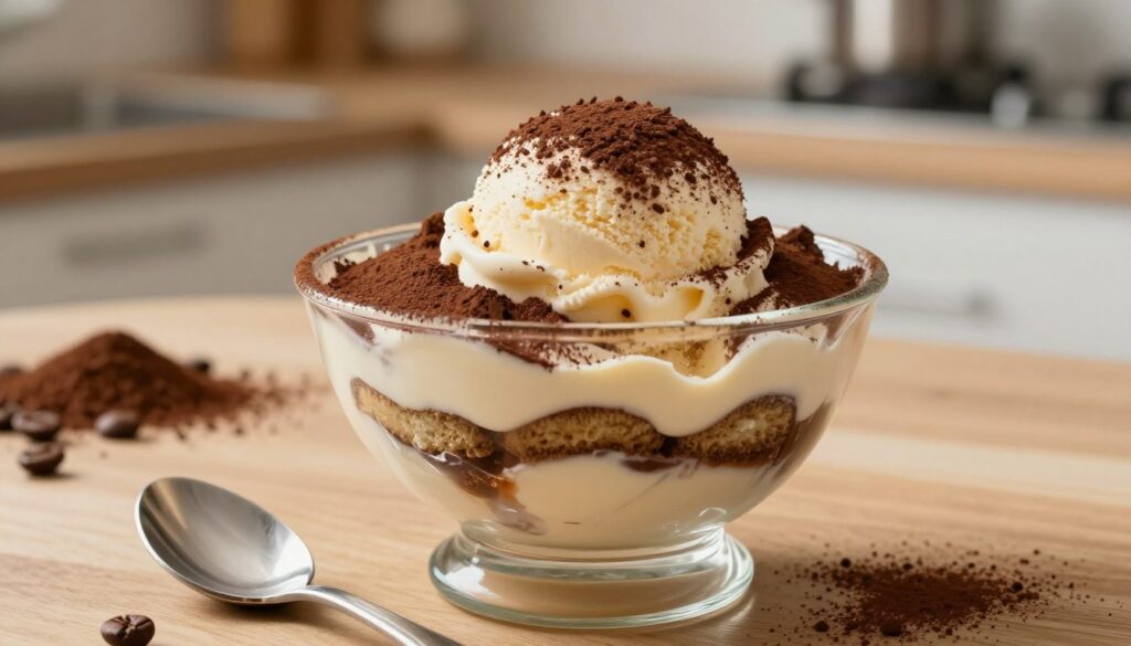 A delectable serving of tiramisu ice cream sits in a clear, elegant glass dish, adorned with a generous sprinkling of rich cocoa powder on top. The ice cream is creamy and textured, showcasing alternating layers of light and dark swirled flavors, reminiscent of traditional tiramisu. In the foreground, a shiny silver spoon rests beside the dish, catching soft, warm lighting that enhances the inviting nature of the dessert. The background features a lightly blurred kitchen setting, with wooden countertops and soft-focus elements like coffee beans and cocoa powder, creating a cozy, homemade atmosphere. The overall mood is indulgent and inviting, perfect for dessert lovers.