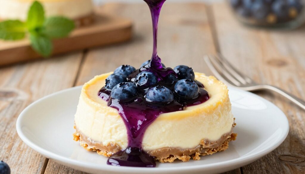 A delicious, vibrant blueberry sauce poured elegantly over a creamy cheesecake, displayed prominently in the foreground. The sauce glistens with a rich, glossy sheen, showcasing deep indigo and violet hues, with fresh blueberries nestled in the sauce for added texture. In the middle ground, the cheesecake sits on a rustic wooden table, its smooth surface inviting a taste. A delicate silver fork rests next to the plate, hinting at indulgence. Soft, natural lighting illuminates the scene from the left, casting gentle shadows and enhancing the lusciousness of the sauce and the cheesecake's texture. In the blurred background, a faint hint of kitchen elements like a wooden cutting board and fresh mint leaves creates a warm and inviting cooking atmosphere, perfect for a step-by-step guide. A delicious, vibrant blueberry sauce poured elegantly over a creamy cheesecake, displayed prominently in the foreground. The sauce glistens with a rich, glossy sheen, showcasing deep indigo and violet hues, with fresh blueberries nestled in the sauce for added texture. In the middle ground, the cheesecake sits on a rustic wooden table, its smooth surface inviting a taste. A delicate silver fork rests next to the plate, hinting at indulgence. Soft, natural lighting illuminates the scene from the left, casting gentle shadows and enhancing the lusciousness of the sauce and the cheesecake's texture. In the blurred background, a faint hint of kitchen elements like a wooden cutting board and fresh mint leaves creates a warm and inviting cooking atmosphere, perfect for a step-by-step guide.