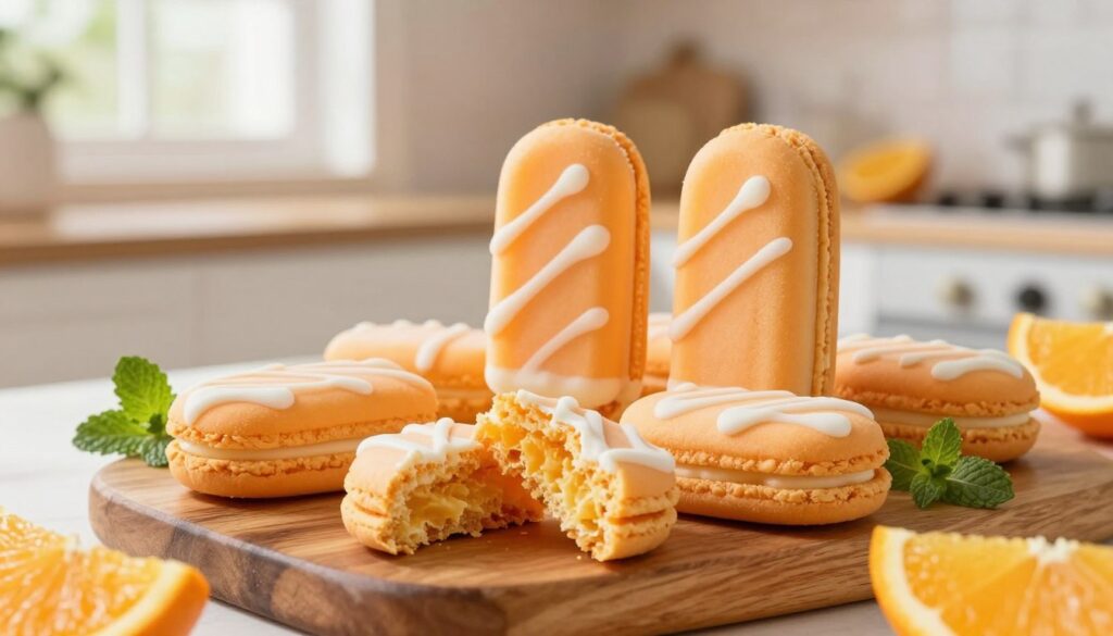A delightful display of orange creamsicle cookies arranged on a rustic wooden platter. The cookies are a vibrant orange hue, with creamy white icing drizzled artistically on top. In the foreground, a couple of cookies are half-eaten, revealing their soft, chewy interior, while others are placed upright for a charming presentation. Fresh orange slices and mint leaves are scattered around for garnish, adding a fresh touch. In the middle ground, a soft-focus view of a sunny kitchen with warm, natural light streaming in through a window enhances the joyful atmosphere. The background includes light pastel-colored walls that evoke a cozy and inviting mood. The overall composition captures a sense of happiness and indulgence, perfect for sharing with loved ones.