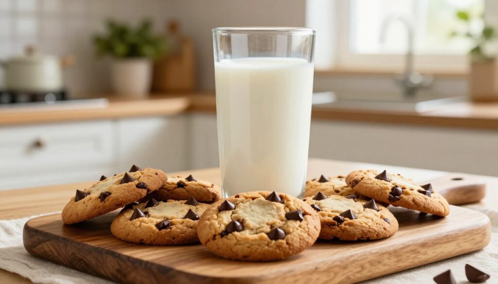A fresh plate of healthy chocolate chip cookies with a glass of rich, creamy milk, set against a cozy kitchen backdrop. In the foreground, the cookies are golden brown with dark chocolate chips glistening, arranged artistically on a rustic wooden platter. The middle layer includes a tall, chilled glass of almond milk, its surface glistening, emphasizing freshness. In the background, soft-focus elements of a well-lit kitchen with wooden cabinets, green plants, and warm sunlight streaming through the window create a welcoming atmosphere. The lighting is bright and inviting, enhancing the natural colors of the cookies and milk. Capture this scene from a slightly elevated angle to highlight the textures and details, conveying a mood of health and indulgence. A fresh plate of healthy chocolate chip cookies with a glass of rich, creamy milk, set against a cozy kitchen backdrop. In the foreground, the cookies are golden brown with dark chocolate chips glistening, arranged artistically on a rustic wooden platter. The middle layer includes a tall, chilled glass of almond milk, its surface glistening, emphasizing freshness. In the background, soft-focus elements of a well-lit kitchen with wooden cabinets, green plants, and warm sunlight streaming through the window create a welcoming atmosphere. The lighting is bright and inviting, enhancing the natural colors of the cookies and milk. Capture this scene from a slightly elevated angle to highlight the textures and details, conveying a mood of health and indulgence.