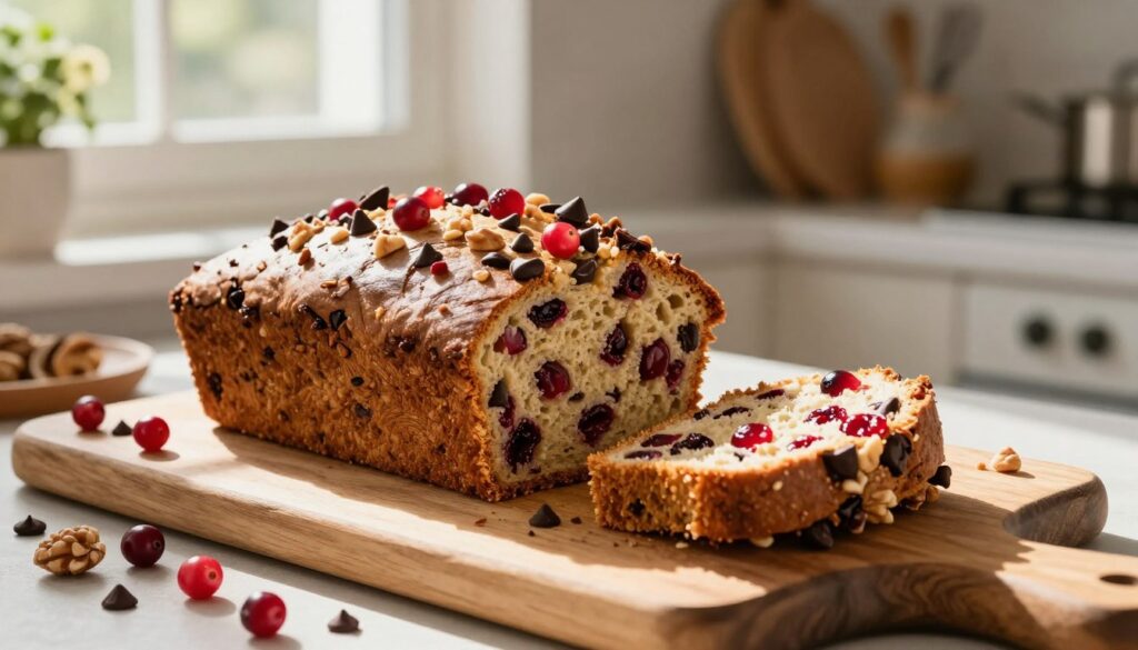 A freshly baked loaf of ocean spray cranberry bread sits on a rustic wooden cutting board, showcasing its golden-brown crust, studded with vibrant, tart cranberries, crunchy nuts, and glistening chocolate chips peeking through. The loaf is sliced, revealing a moist interior with the cranberries and chocolate creating a beautiful contrast. Surrounding the bread are scattered ingredients—whole cranberries, nuts in their shells, and chocolate chips—adding texture and color. Soft, warm sunlight filters through a nearby window, casting a gentle glow and creating inviting shadows on the board. The background features a cozy kitchen setting with blurred plant decorations and baking utensils, enhancing the comforting atmosphere of home baking. The overall mood is warm, inviting, and deliciously tempting, perfect for a baking enthusiast.