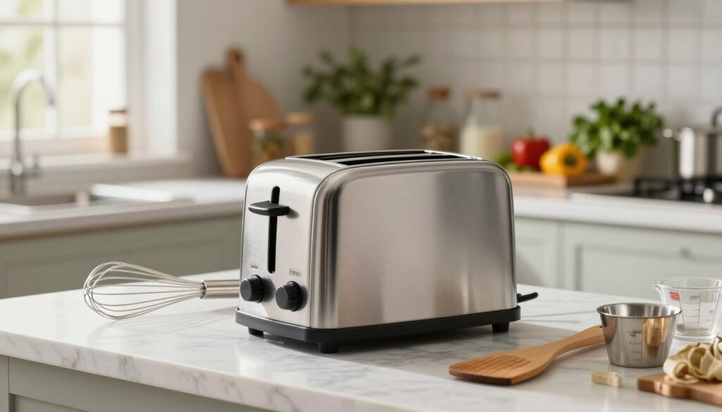 A high-quality toaster prominently featured in the foreground, showcasing its sleek stainless steel design and polished surface. Surrounding the toaster, an assortment of essential French cooking tools, such as a classic whisk, a wooden spatula, and elegant measuring cups, artfully arranged to convey a sense of culinary precision. The middle ground includes a softly lit kitchen counter with a stylish marble finish, enhancing the overall elegance. In the background, blurred shelves filled with fresh ingredients and vibrant herbs create a warm and inviting atmosphere. The scene is illuminated with soft, natural morning light streaming through a nearby window, casting gentle shadows and highlighting the texture of the tools. Aim for a cozy, professional feel that inspires creativity in cooking.