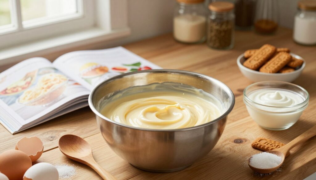 A kitchen scene dedicated to mixing the perfect ice cream base for Biscoff ice cream. In the foreground, a sleek stainless steel mixing bowl is filled with a creamy, rich custard mixture that has a smooth texture, reflecting soft, warm light from a nearby window. Beside it, a wooden spoon rests, and there are scattered ingredients like eggs, sugar, and heavy cream. In the middle ground, a rustic wooden countertop is adorned with an open cookbook showcasing vibrant images of ice cream. The background features blurred shelves with jars of spices and a bowl of Biscoff cookies, creating a cozy atmosphere. The lighting is soft and inviting, evoking a delicious and homey mood, captured with a shallow depth of field to emphasize the mixing process. A kitchen scene dedicated to mixing the perfect ice cream base for Biscoff ice cream. In the foreground, a sleek stainless steel mixing bowl is filled with a creamy, rich custard mixture that has a smooth texture, reflecting soft, warm light from a nearby window. Beside it, a wooden spoon rests, and there are scattered ingredients like eggs, sugar, and heavy cream. In the middle ground, a rustic wooden countertop is adorned with an open cookbook showcasing vibrant images of ice cream. The background features blurred shelves with jars of spices and a bowl of Biscoff cookies, creating a cozy atmosphere. The lighting is soft and inviting, evoking a delicious and homey mood, captured with a shallow depth of field to emphasize the mixing process.