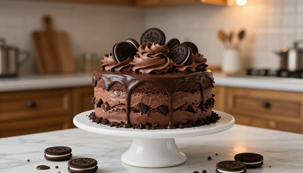 A luscious chocolate ice cream cake layered with rich chocolate ganache and crumbled Oreo cookies, elegantly displayed on a white porcelain cake stand. The cake is topped with a generous swirl of chocolate whipped cream and whole Oreo cookies, creating a delightful contrast. In the foreground, the cake is surrounded by scattered Oreo crumbs and a small chocolate drizzle. The middle ground features a softly lit kitchen environment with rustic wooden cabinets and a marble countertop, enhancing the homemade feel. The background features a warm, inviting glow from soft bokeh lights, giving a cozy atmosphere. Use a shallow depth of field to keep the cake in sharp focus while the background gently blurs. The overall mood is indulgent and inviting, perfect for showcasing creative variations of a chocolate ice cream cake.