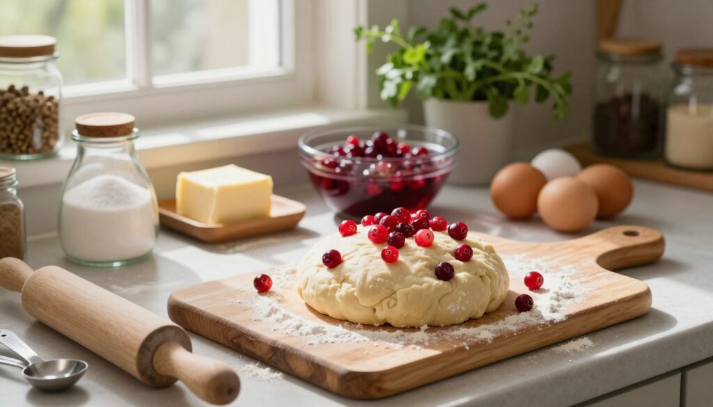 A rustic kitchen setting features a beautifully arranged scene showcasing the preparation of Ocean Spray cranberry bread dough. In the foreground, a wooden chopping board holds a mound of dough, dotted with vibrant red cranberries. Surrounding the dough, scattered flour creates a cozy, homemade vibe. A rolling pin and a set of measuring spoons rest nearby, hinting at the cooking process. The middle ground reveals fresh ingredients like sugar, butter, and eggs, with a glass bowl of vibrant cranberry mixture. Soft, natural light streams in from a nearby window, casting gentle shadows and highlighting the textures of the ingredients. In the background, shelves display jars of spices and a bouquet of fresh herbs, adding to the inviting atmosphere of a warm, encouraging kitchen. The overall mood is comforting and homely, perfect for sharing a beloved recipe.