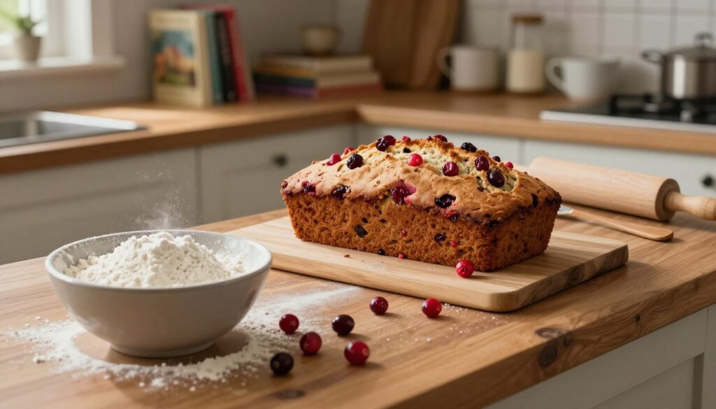 A rustic wooden kitchen countertop filled with ingredients for Ocean Spray cranberry bread, showcasing common baking mistakes. In the foreground, a messy bowl with flour spilled and scattered cranberries, emphasizing a chaotic baking scene. The middle layer features a partially baked loaf with an uneven rise, cracked top, and misplaced cranberries, highlighting imperfections. The background shows a softly lit kitchen with shelves filled with cookbooks, a rolling pin, and measuring cups, creating a warm, inviting atmosphere. Soft, natural lighting illuminates the scene, enhancing the textures of the ingredients and the rustic feel of the kitchen. The image evokes a sense of homely warmth while illustrating the challenges of bread baking.
