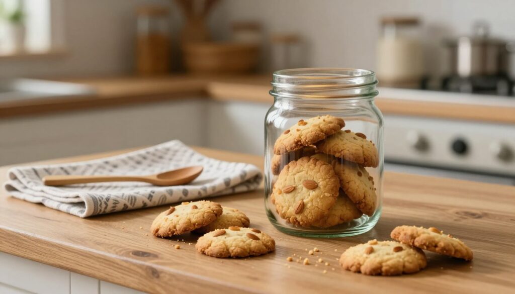 A rustic wooden kitchen countertop showcases a beautifully arranged storage setup for almond shortbread cookies. In the foreground, a clear glass jar filled with golden-brown cookies sits invitingly, reflecting soft natural light. Around the jar, a few cookies are artfully placed, with crumbs sprinkled lightly on the countertop to suggest the deliciousness. In the middle ground, a patterned cloth napkin adds a touch of elegance, while a small wooden spoon rests nearby. The background features softly blurred kitchen shelves stocked with baking essentials, enhancing the cozy, homey atmosphere. The lighting is warm and inviting, evoking a sense of comfort and deliciousness, perfect for illustrating how to store almond shortbread cookies for optimal freshness. A rustic wooden kitchen countertop showcases a beautifully arranged storage setup for almond shortbread cookies. In the foreground, a clear glass jar filled with golden-brown cookies sits invitingly, reflecting soft natural light. Around the jar, a few cookies are artfully placed, with crumbs sprinkled lightly on the countertop to suggest the deliciousness. In the middle ground, a patterned cloth napkin adds a touch of elegance, while a small wooden spoon rests nearby. The background features softly blurred kitchen shelves stocked with baking essentials, enhancing the cozy, homey atmosphere. The lighting is warm and inviting, evoking a sense of comfort and deliciousness, perfect for illustrating how to store almond shortbread cookies for optimal freshness.