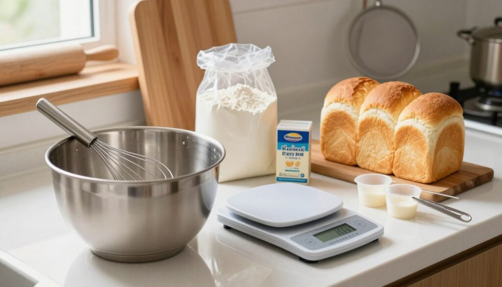 A serene kitchen countertop scene showcasing essential equipment for baking Japanese milk bread. In the foreground, a high-quality stainless steel mixing bowl with a dough whisk, a digital kitchen scale for precision, and a set of measuring cups. The middle ground features flour neatly bagged, a pack of active dry yeast, and a soft loaf of freshly baked Japanese milk bread, golden and fluffy. The background includes a wooden cutting board, a rolling pin, and a delicate flour sifter. Natural soft lighting streams in from a nearby window, creating a warm and inviting atmosphere. The image should evoke a sense of comfort and home baking, with a shallow depth of field to emphasize the equipment while softly blurring the background.