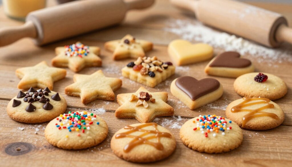 A tantalizing display of homemade butter cookies showcasing various flavor variations on a rustic wooden table. In the foreground, several cookies are arranged beautifully, featuring distinct toppings such as chocolate chips, sprinkles, and drizzles of caramel and icing. The middle layer features a variety of cookie shapes—stars, hearts, and classic rounds—highlighted with colorful ingredients like crushed nuts and dried fruit. In the background, softly blurred baking tools like a rolling pin and flour dust add a cozy kitchen ambience. The warm, inviting lighting creates a golden hue, enhancing the textures of the cookies. Captured with a shallow depth of field to emphasize the cookies, the overall mood is cheerful and homely, celebrating the joy of baking.
